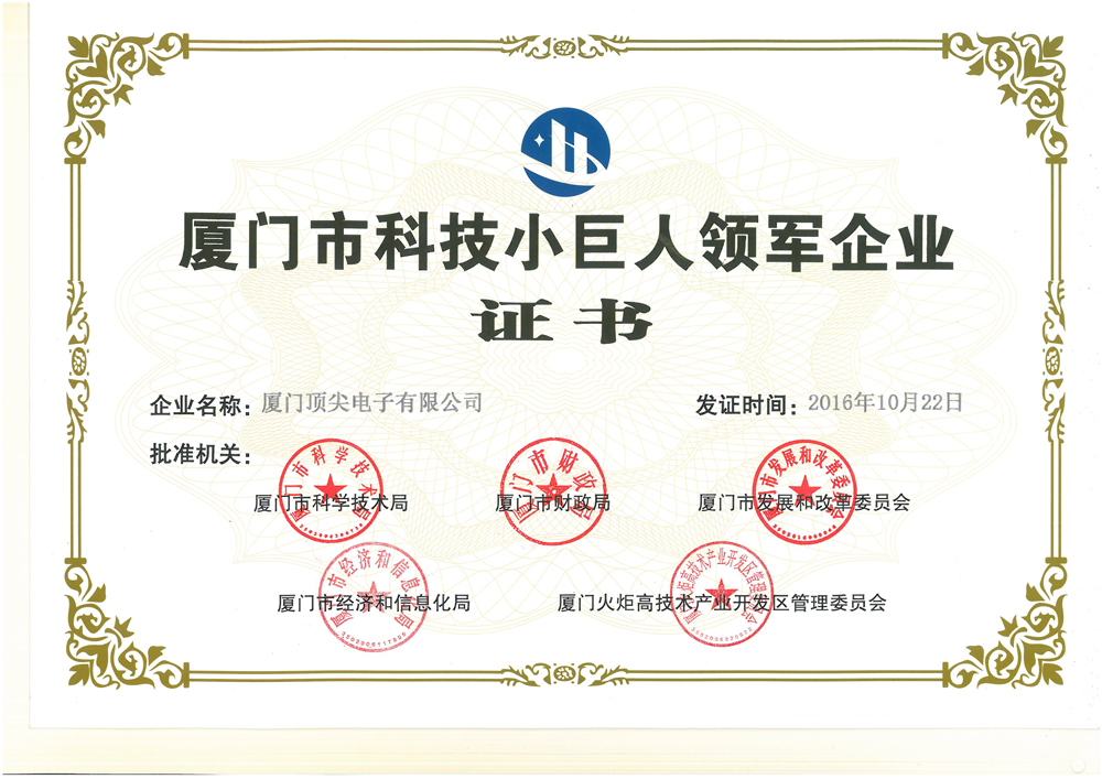 廈門科技小巨人領(lǐng)軍企業(yè)證書